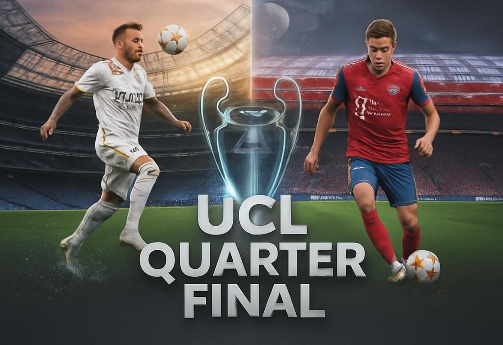Real Madrid and Bayern Munich players with Champions League trophy and match details