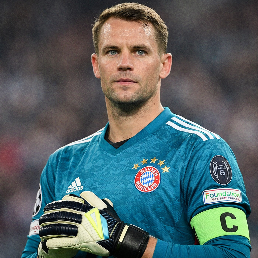 Manuel Neuer-Bayern Munich goalkeeper with captain's armband holding gloves