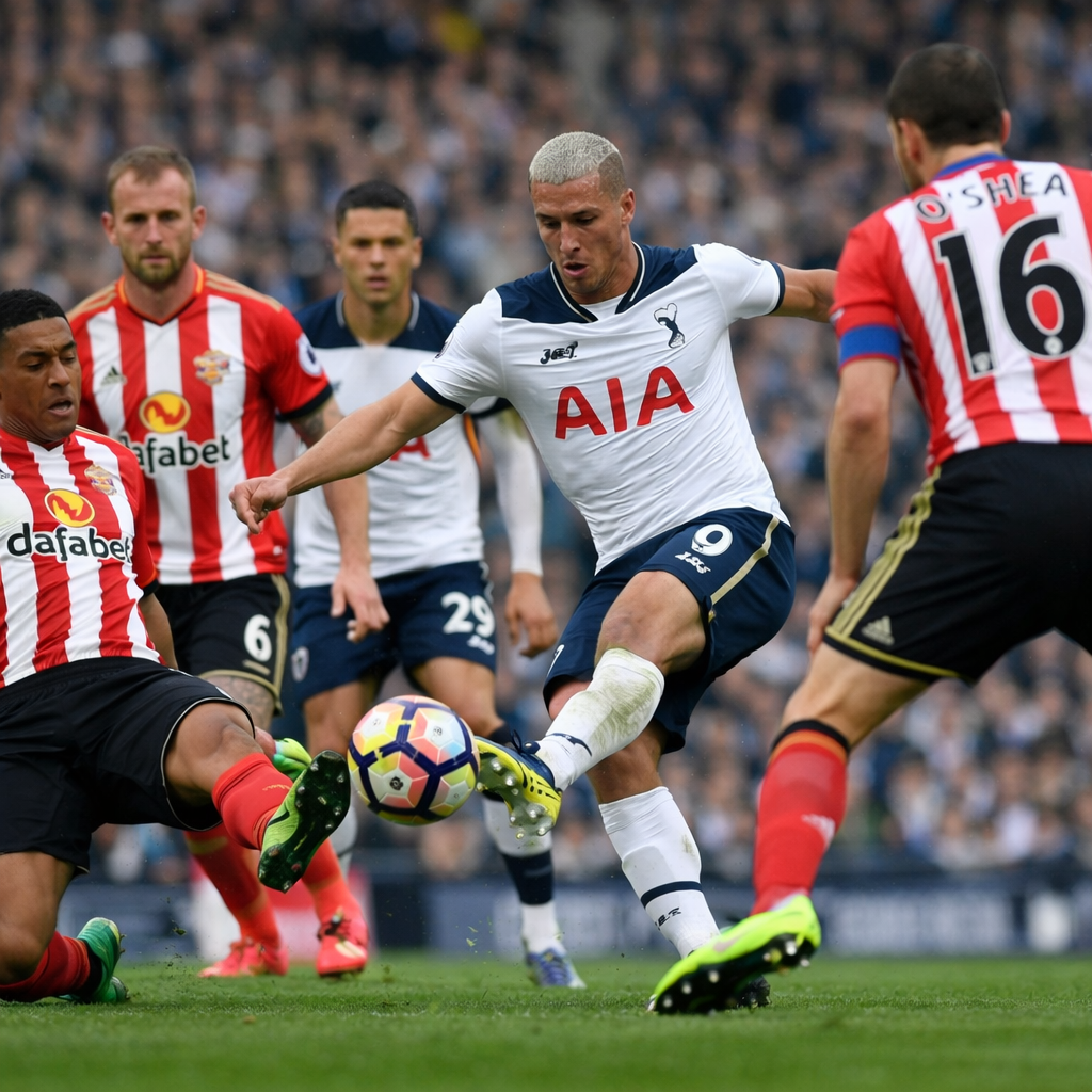 Tottenham vs Sunderland, Richarlison wearing Tottenham jersey kicking ball with Sunderland players trying to block