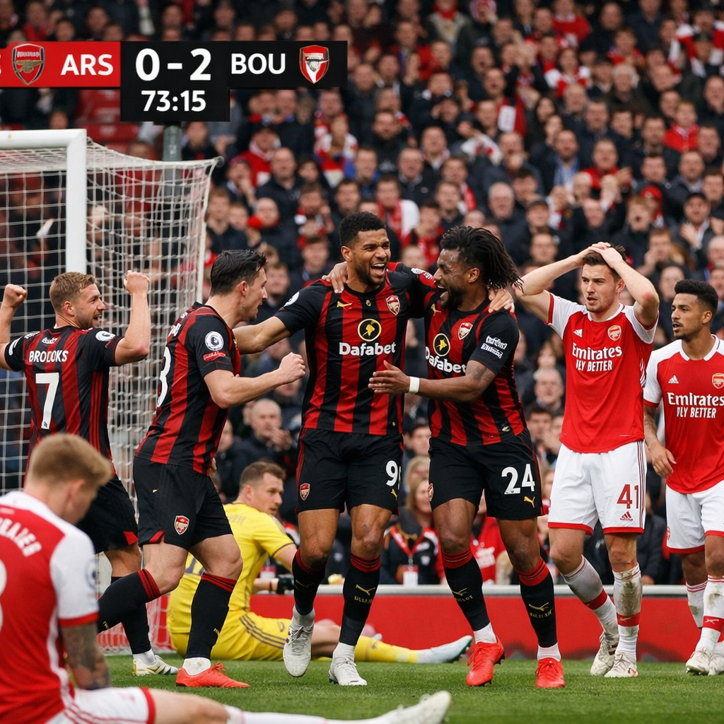 Bournemouth players celebrating goal, Arsenal players showing disappointment near goalpost