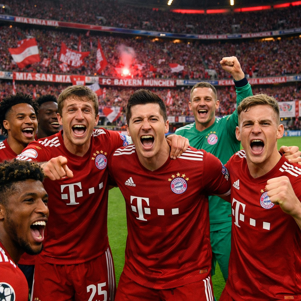 Bayern Munich football players celebrating on the pitch with fans