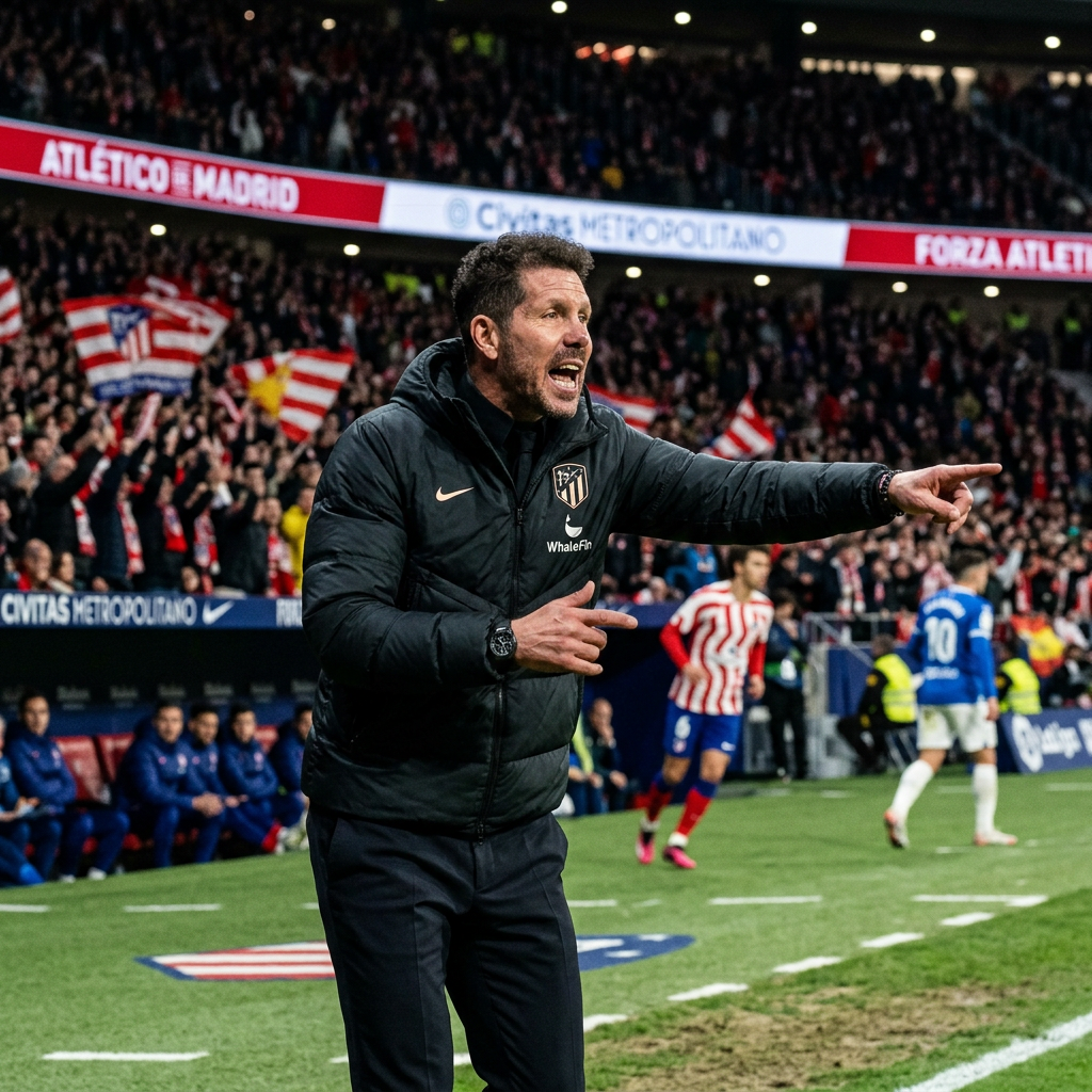 Atletico Madrid coach on the sideline pointing and shouting instructions during a soccer match