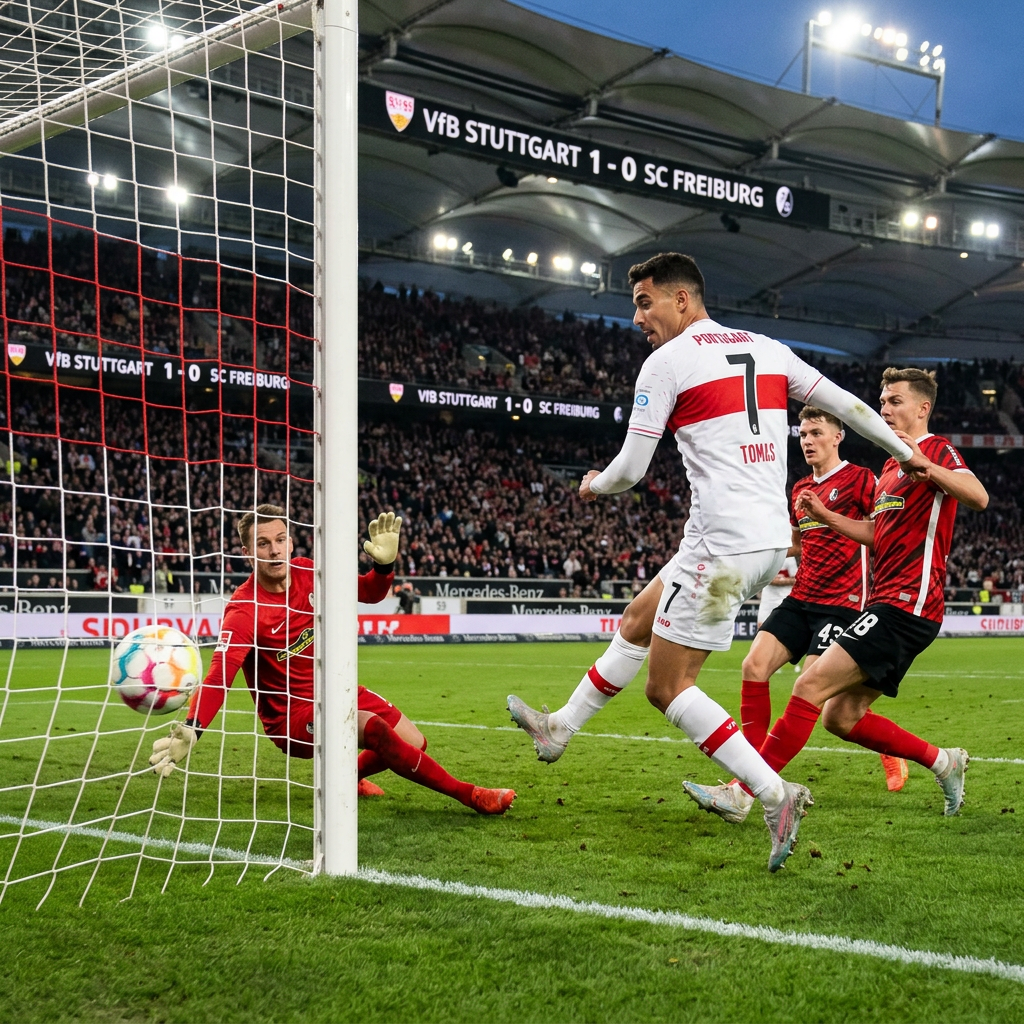 Soccer player Tomas scoring a goal for VfB Stuttgart against SC Freiburg with goalkeeper diving