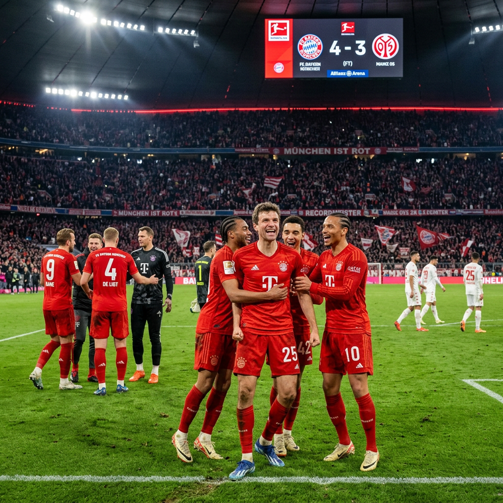 Bayern Munich players celebrating on the pitch after a 4-3 win against Mainz 05