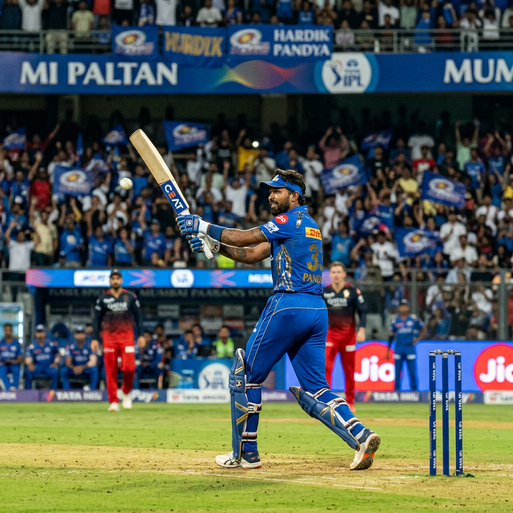 Cricket player Hardik Pandya batting for Mumbai Indians with crowd in background