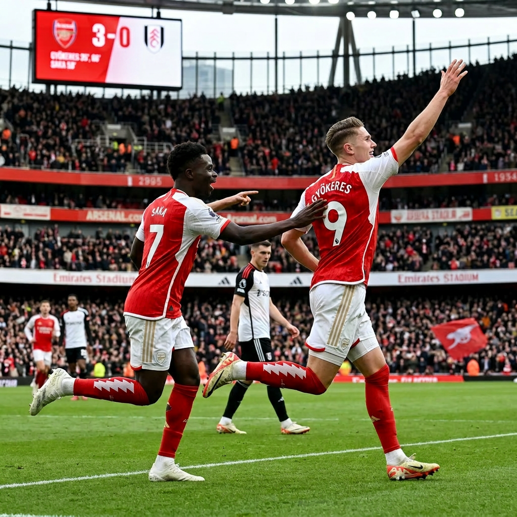Arsenal players Saka and Gyökeres celebrating a goal with crowd and scoreboard in background