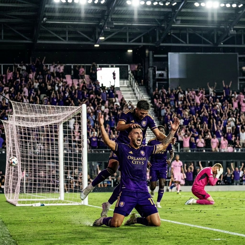 Orlando City soccer player Martin Ojeda celebrating a goal with teammates near the net during a match against Inter Miami CF