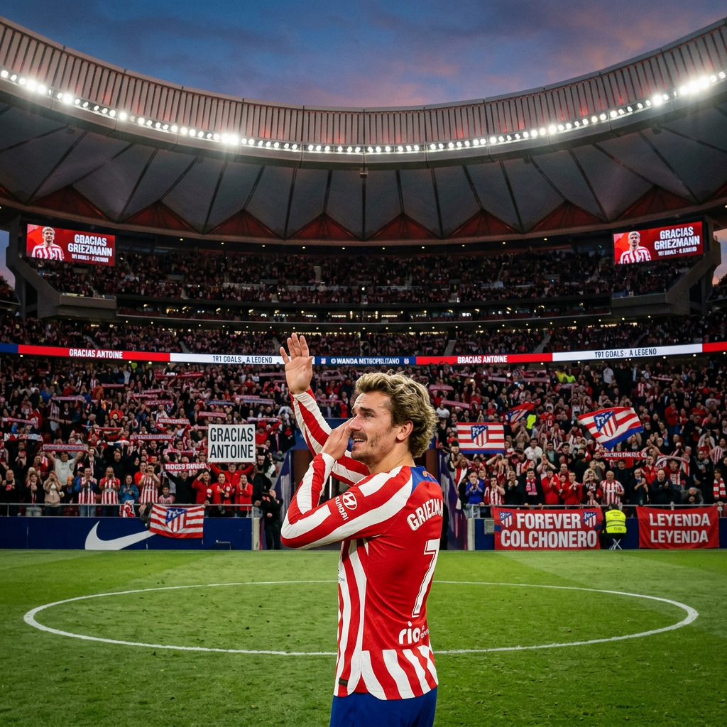 Antoine Griezmann in Atletico Madrid jersey waving to cheering crowd at stadium