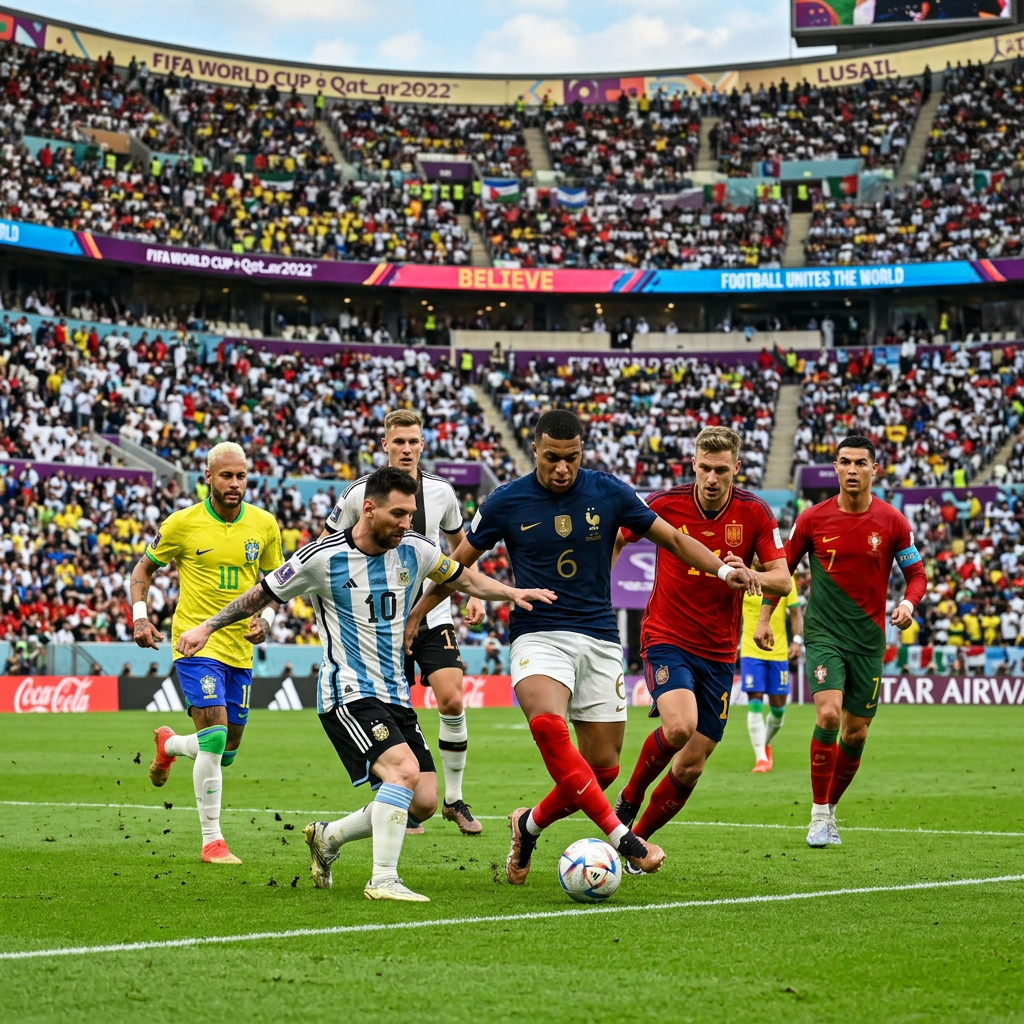 Football players from Argentina, France, Spain, Germany, Brazil, and Portugal contesting the ball near the goal area