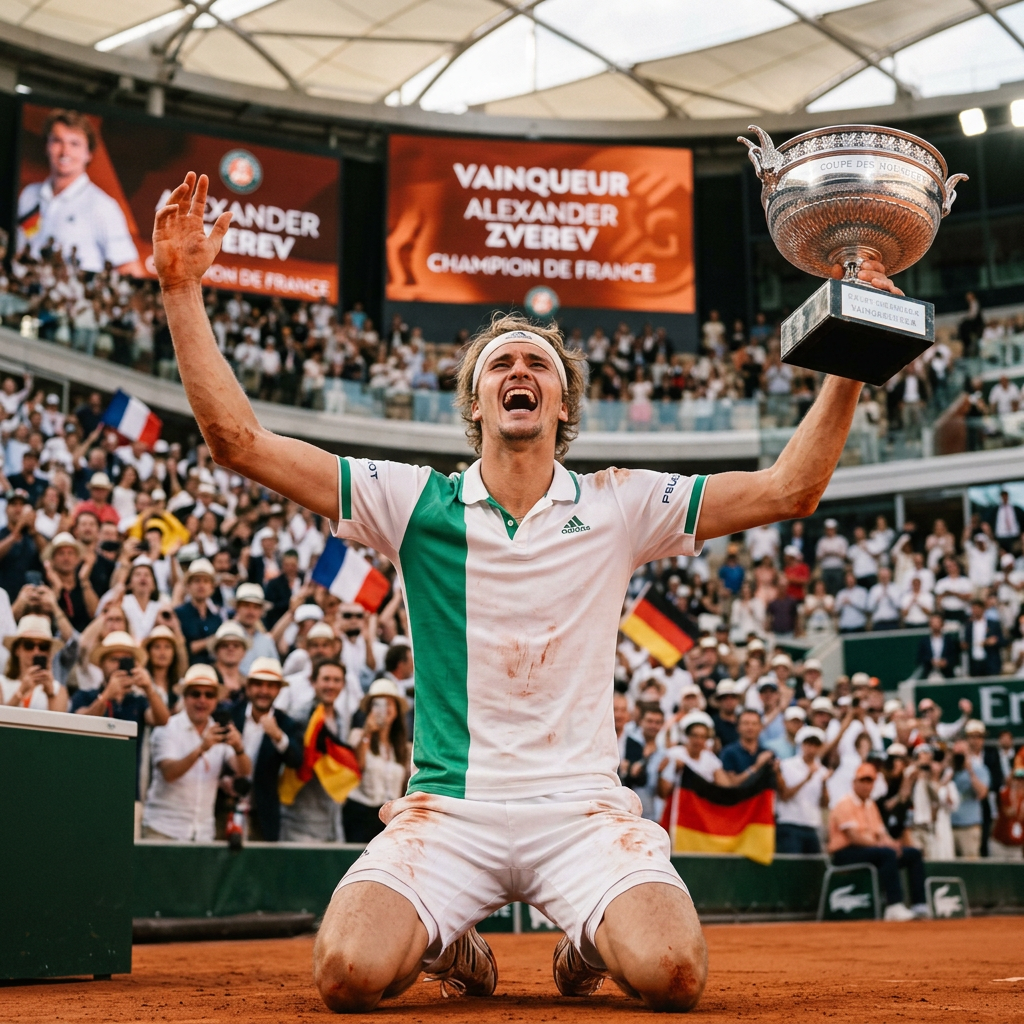 Tennis player Alexander Zverev kneeling on clay court, holding French Open trophy with crowd in background