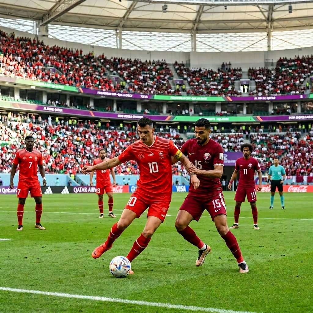 Switzerland and Qatar soccer players competing for the ball near the sideline in a stadium