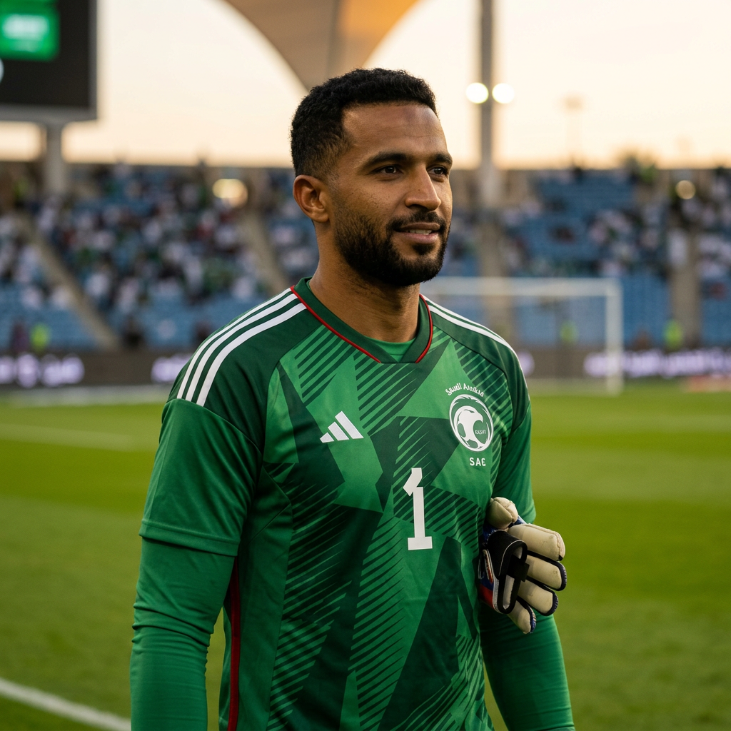 Saudi Arabian soccer goalkeeper in green jersey with number 1 standing on field holding gloves