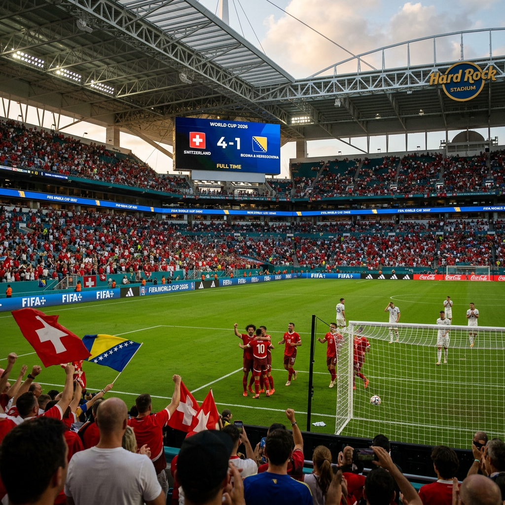 Swiss soccer team celebrating goal against Bosnia and Herzegovina with scoreboard showing 4-1 final score