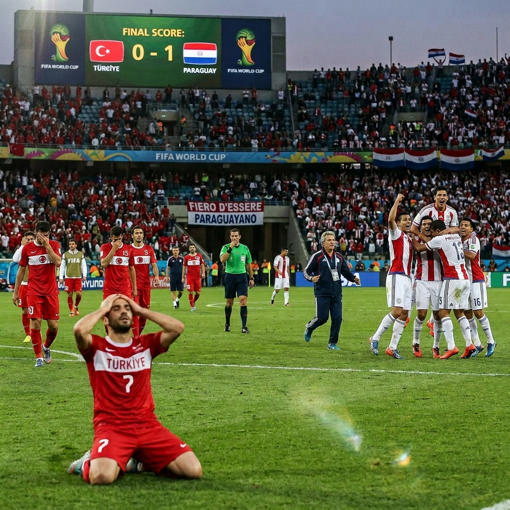 Paraguayan team celebrating win as Turkish players show disappointment on field