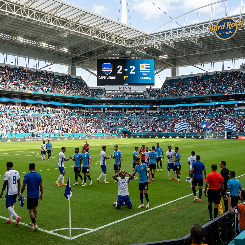 Soccer players from Cape Verde and Uruguay shaking hands on field with scoreboard showing 2-2 draw at Hard Rock Stadium
