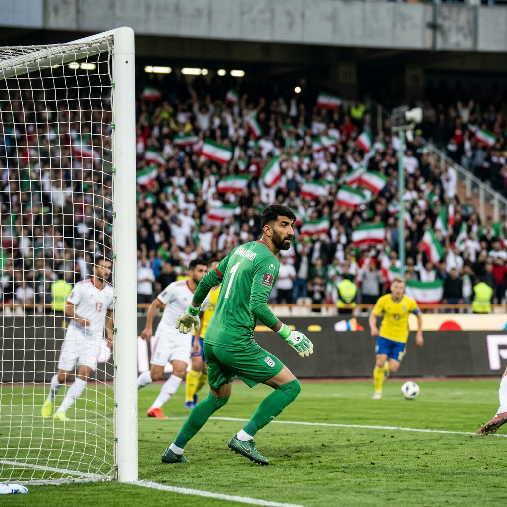 Iranian goalkeeper in green kit ready to defend goal as opponent prepares to shoot