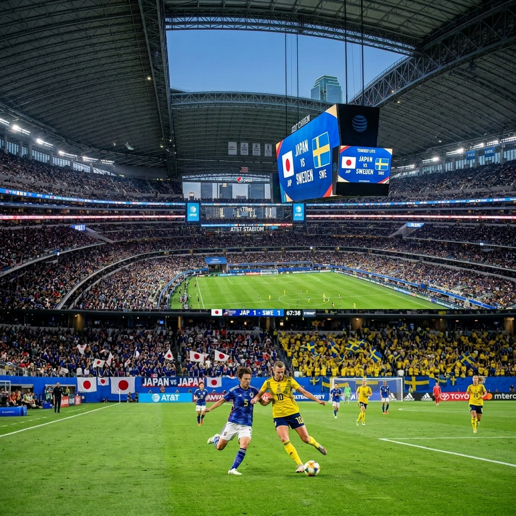 Soccer players from Japan and Sweden contest for the ball in a stadium filled with fans