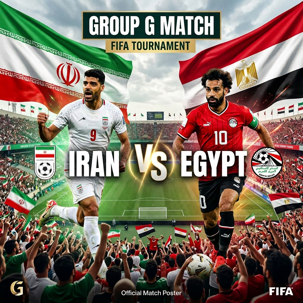 Football players from Iran and Egypt facing off with match details and national flags