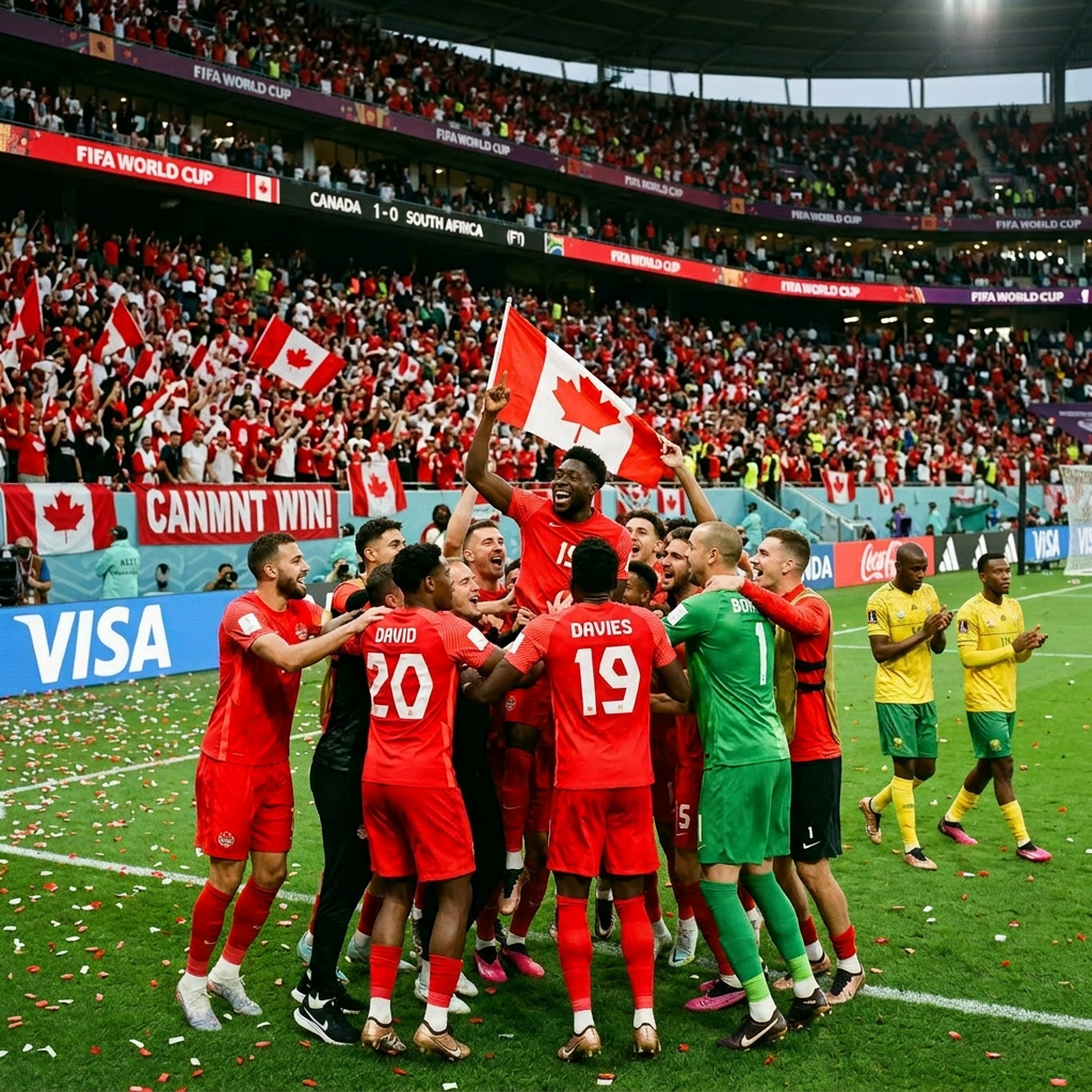 Canada soccer players celebrating with Canadian flag after 3-1 win against South Africa