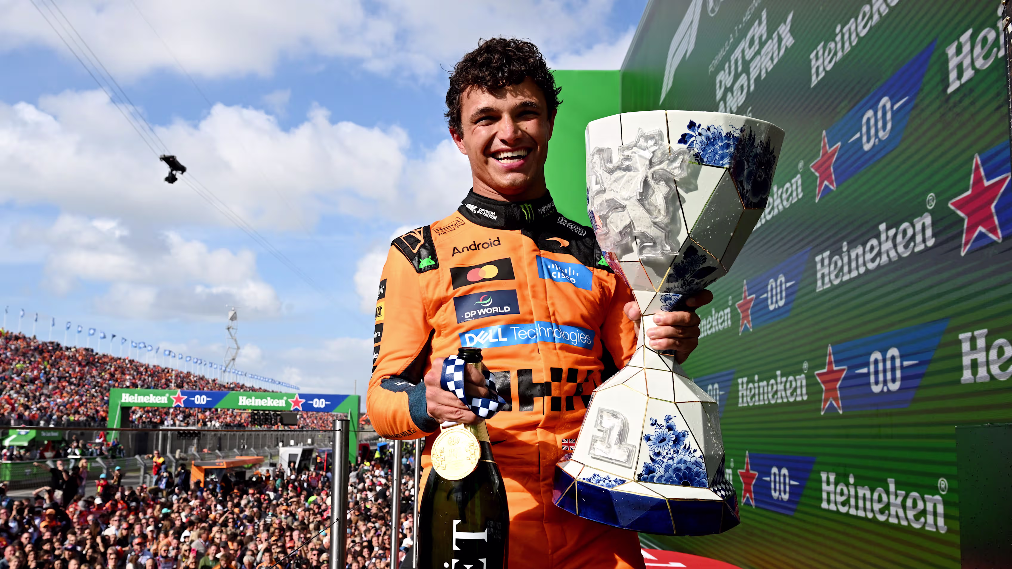 Lando Norris lifting the Dutch Grand Prix Trophy (Image via Formula 1 Corporation)