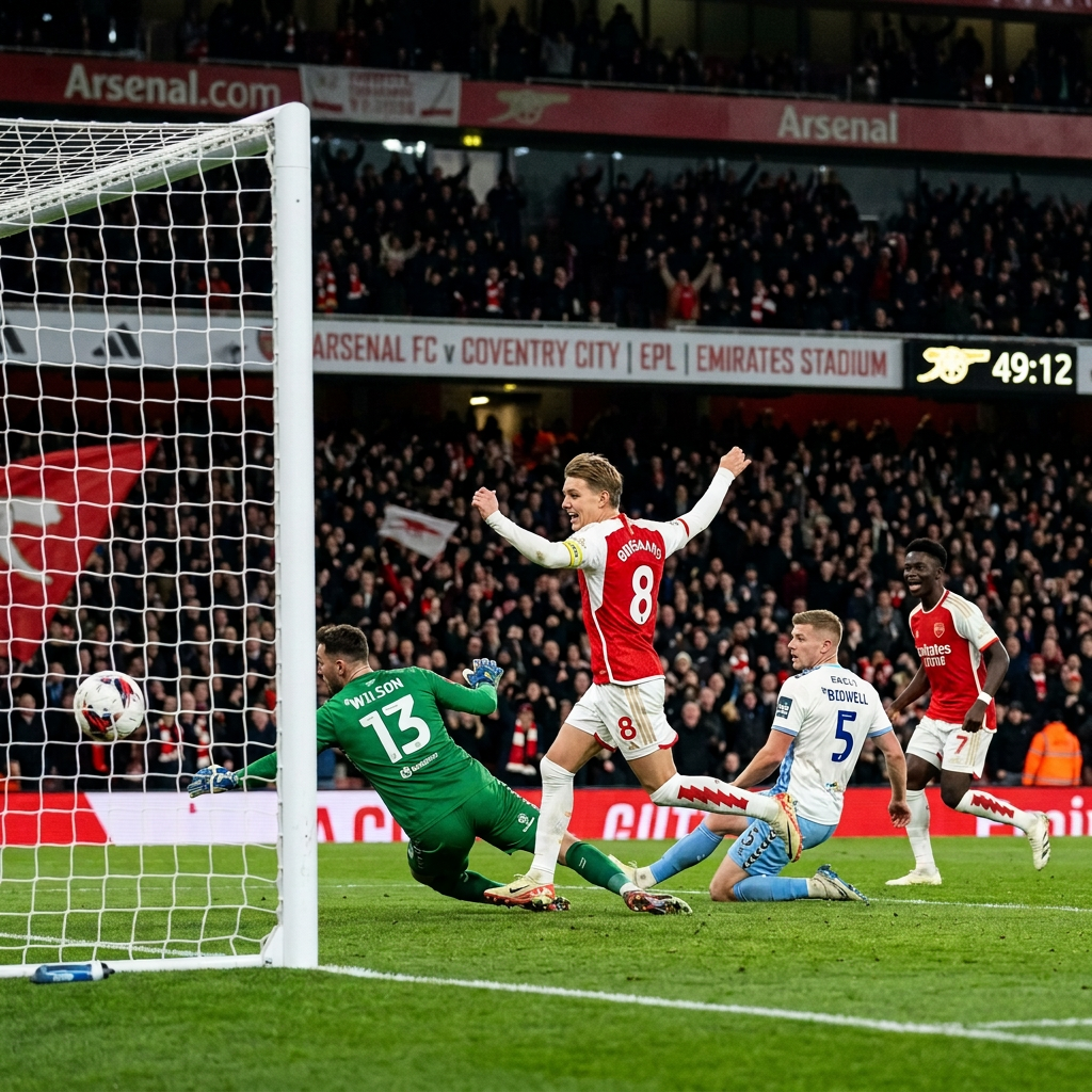 Martin Odegaard scores a goal against Coventry City at Emirates Stadium
