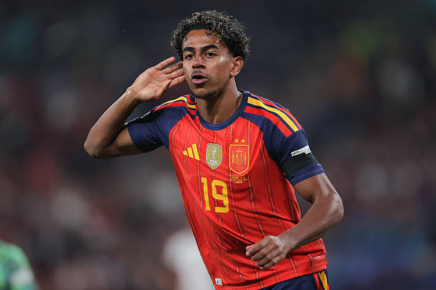 Lamine Yamal of Spain celebrates after scoring their side's first goal during the UEFA Nations League 2026/27