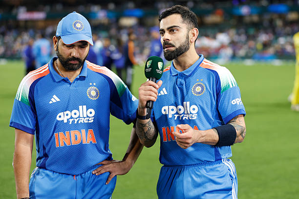 Virat Kohli speaks during an interview as Rohit Sharma looks on after India's win in Sydney on October 25, 2025. (Photo by Mark Evans/CA/Cricket Australia via Getty Images)