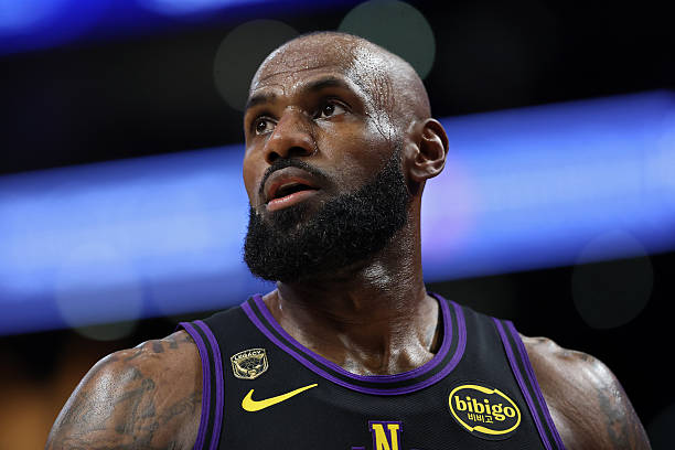 LeBron James looks on during Game 4 against the Oklahoma City Thunder in Los Angeles on May 11, 2026. (Photo by Luke Hales/Getty Images)