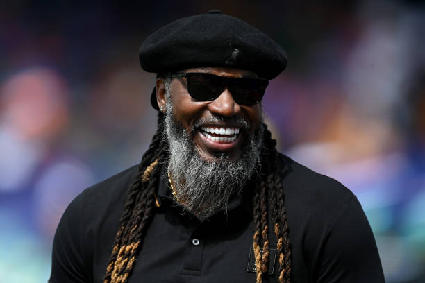 Chris Gayle during the 2024 T20 World Cup final between South Africa and India in Barbados on June 29, 2024. (Photo by Gareth Copley/Getty Images)