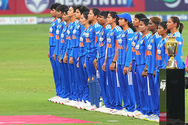 India players stands for national anthem during the DP World Women's T20 Asia Cup 2026