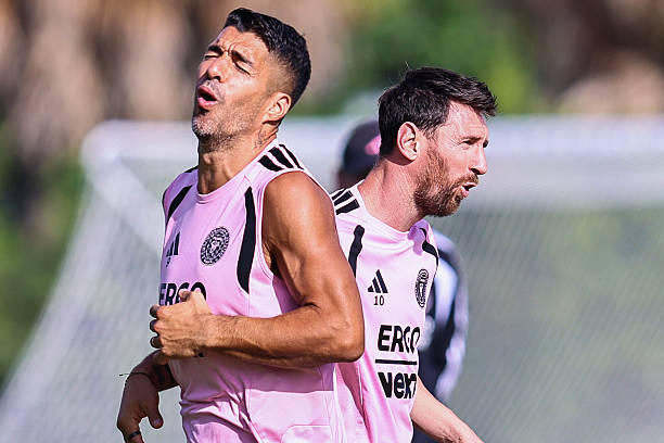 Luis Suarez (9) and Lionel Messi (10) of Inter Miami CF are seen during an Inter Miami Training Session