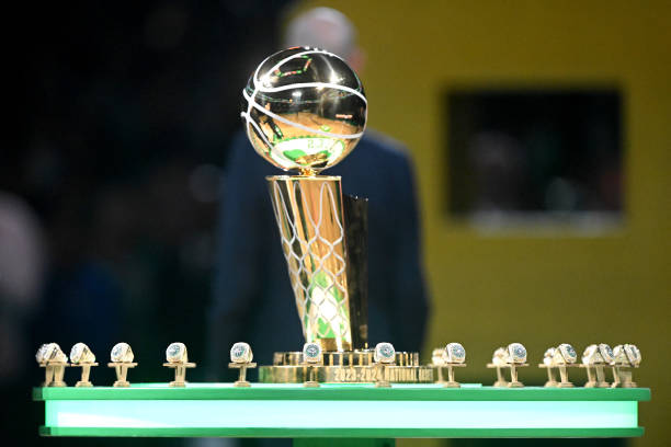 Most NBA Championships: The Larry O'Brien Championship Trophy is on display with the Boston Celtics Championship rings