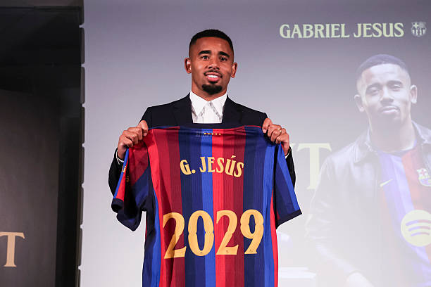 Gabriel Jesus poses with an FC Barcelona shirt during his presentation as new player of FC Barcelona in Barcelona, Spain. (Photo By Javier Borrego/Europa Press via Getty Images)