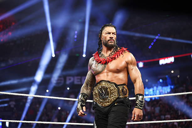 WWE Superstar Roman Reigns makes his entrance during Monday Night RAW