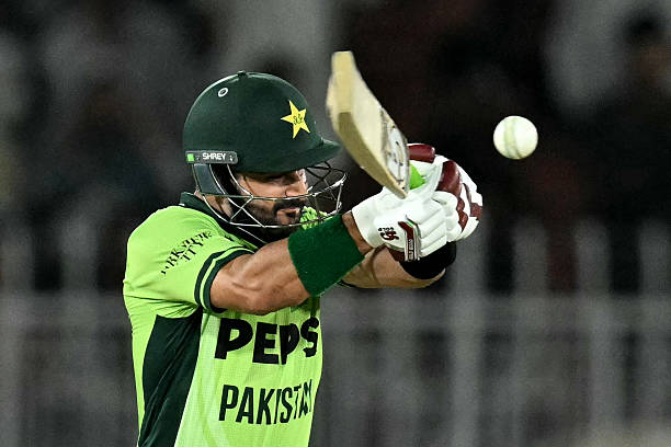 Pakistan's Sahibzada Farhan plays a shot during the first one-day international (ODI) cricket match between Pakistan and Australia