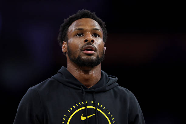 Bronny James #9 of the Los Angeles Lakers warms upbefore the game against the Oklahoma City Thunder