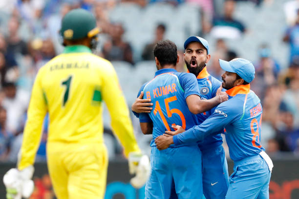 Virat Kohli of India celebrates the wickey of Aaron Finch of Australia